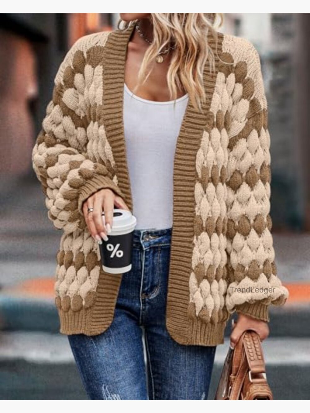 Chunky Cable Knit Lantern Sleeve Open Front Cardigan Sweater Coat - Picture 3 of 7